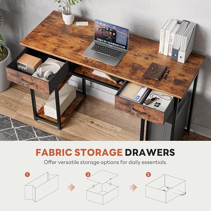 DUMOS 48" Small Computer Home Office Desk for Bedroom with Drawers, Gaming Writing Study Table with Storage Shelf, Adjustable Feet, Metal Frame Natural Brown