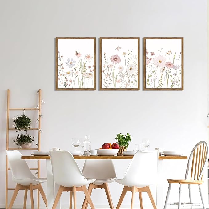 Framed Wildflower Wall Art Set of 3, Pink Floral Canvas Wall Decor Pictures, Vintage Flower Botanical Paintings, Nursery Flowers Butterfly Posters Prints for Bedroom Living Room 12x16 Inch