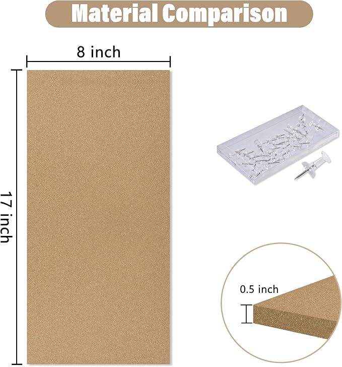 Cork Board 17"x 8" Tiles Bulletin Board 6Pack, 1/2" Thick Self-Adhesive Cork Boards for Walls, Corkboards for Office Home School Message Board or Vision Board Decoration