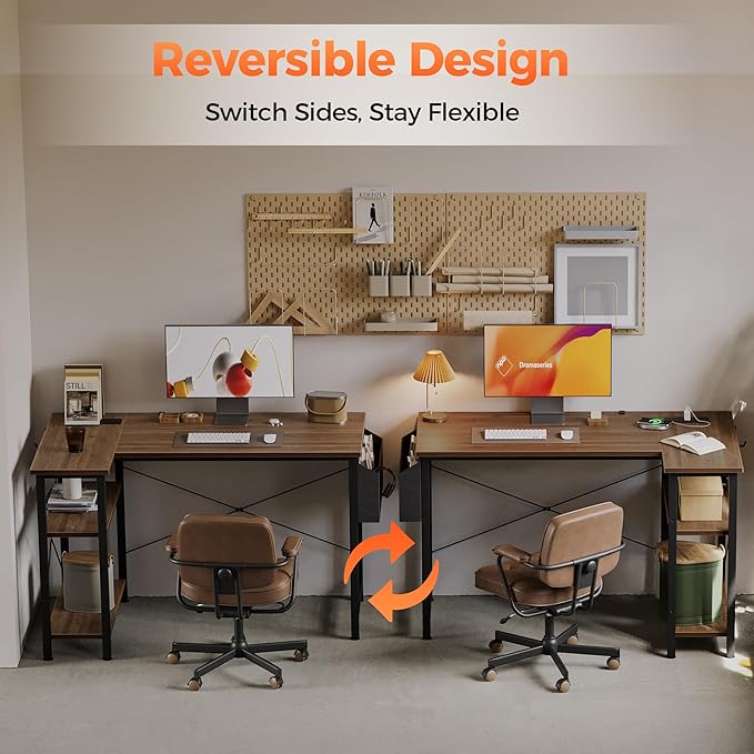 Mericonia Small L Shaped Computer Desk with Power Outlets, Reversible Gaming Desk with Storage Shelves, Corner Gamer Desk Table, Study Writing Table