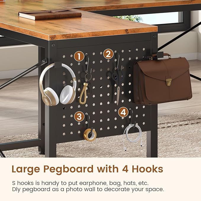 L Shaped Desk, 67" Reversible Computer Desk with 4 Fabric Drawers and Power Outlet, Corner U Shaped Desk with Shelf and Pegboard for Home Office, Rustic Brown