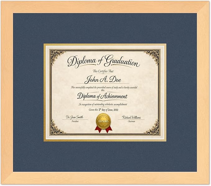 Diploma Frame Natural Wood with Navy Blue Over Gold Double Mat - Fits 10 x 8 Professional License Wall Display Made in the USA