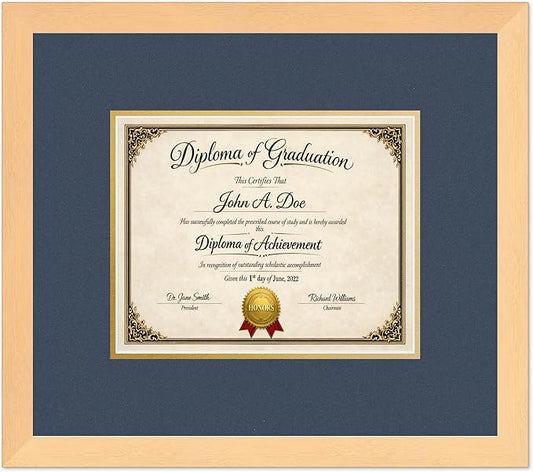Diploma Frame Natural Wood with Navy Blue Over Gold Double Mat - Fits 10 x 8 Professional License Wall Display Made in the USA