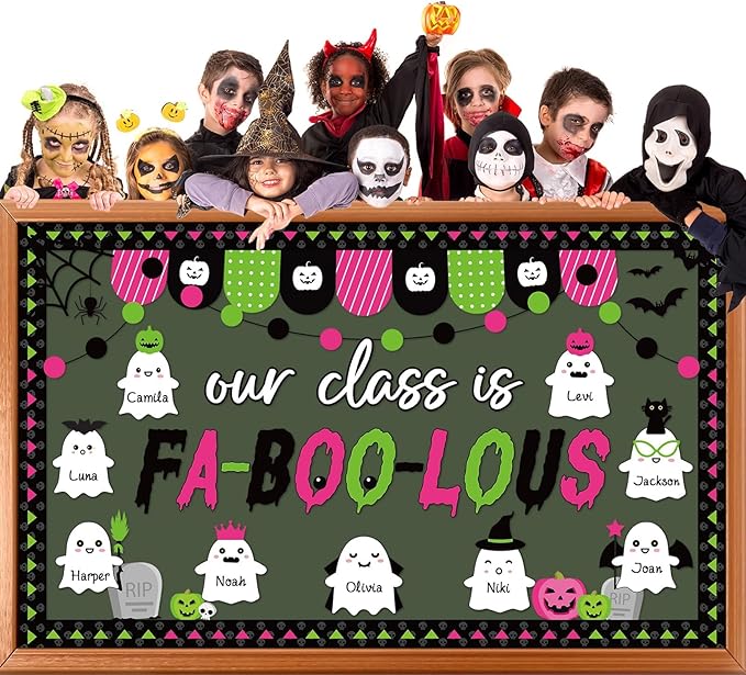 Halloween Ghost Bulletin Board Decoration Witch Bat Pumpkin Spider Web Paper Cutouts Boo Ghost Pattern Classroom Decor Halloween Party Bulletin Board for School Chalkboard Wall Decor Teacher Supplies