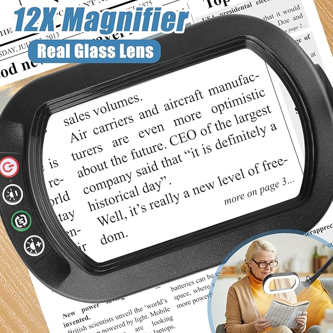 12X Magnifying Glass with Light and Stand, Real Glass Lens, 5 Color Modes LED Dimmable Lighted, 3-in-1 Floor Lamp with Clamp, Hands Free Magnifier for Reading, Craft Sewing Painting Close Work