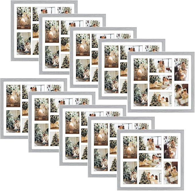 Golden State Art, Set of 10, 13.7x15.7 Matted Grey Wood 7-Opening for 4x6 Collage Picture Frame