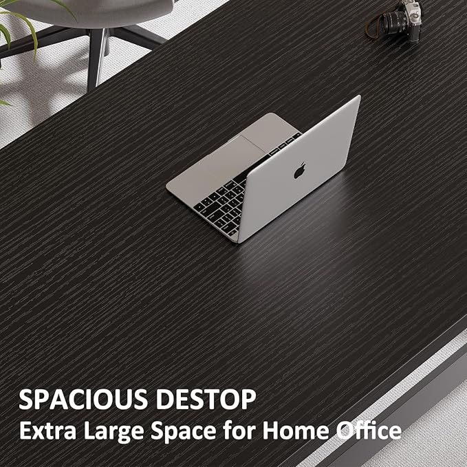 IBF Modern Black Computer Desk, Long Home Office Desk for Writing Study, Large Simple Wood Metal Work Desk in Bedroom, Big Industrial Pc Gaming Workstation Executive Computer Table, Black Oak, 60 Inch