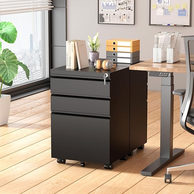 Superday File Cabinet 3 Drawer, Fully Assembled Metal Rolling Vertical Filing Cabinet with Wheels, Small Under Desk File Cabinets for Home Office (Black)