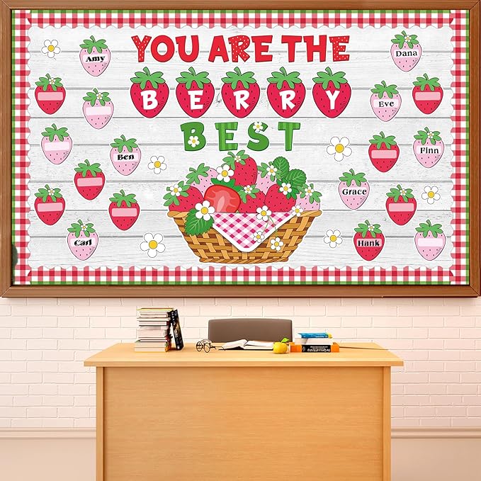 Strawberry Bulletin Board Set Back to School Classroom Decorations Summer Berry Flower Border Pink Sweet Fruit Name Tags Paper Cutouts for Teacher Strawberry School Supplies Chalkboard Wall Door Decor