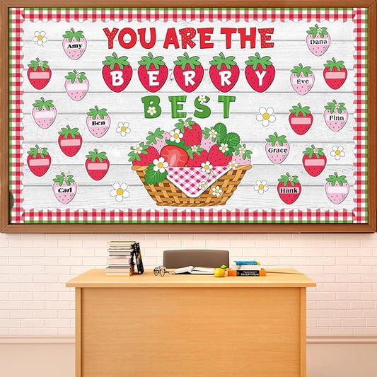 Strawberry Bulletin Board Set Back to School Classroom Decorations Summer Berry Flower Border Pink Sweet Fruit Name Tags Paper Cutouts for Teacher Strawberry School Supplies Chalkboard Wall Door Decor