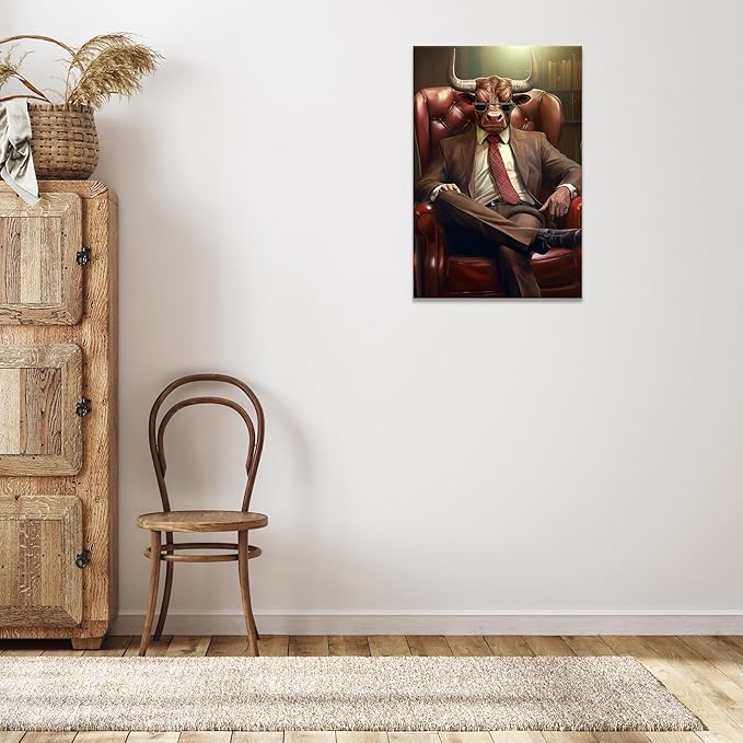 Trendy Suit Animal Cow Portrait Wall Art Funny Boss Cow Canvas Posters Work Struggle Motivation Inspiring Prints Painting For Office Living Room Wall Decor 24x36in Framed