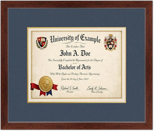 CountryArtHouse Diploma Frame Fits 13 x 10 College Diploma (Traditional) - Keepsake Graduation Display Rustic Walnut Genuine Hardwood with Navy Blue Over Metallic Gold Double mat