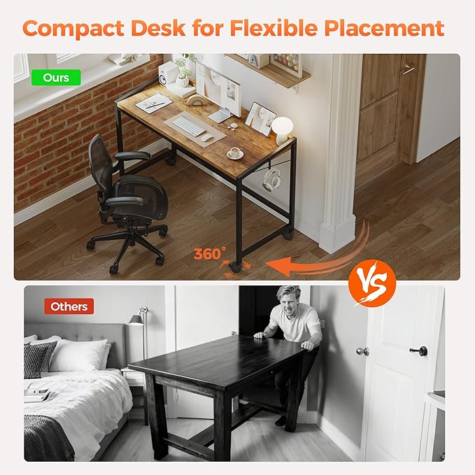 Mericonia 40 inch Rolling Computer Desk with Wheels, Gaming Desk for Small Spaces, Modern Simple Style Table for Home Office, Study Writing Table