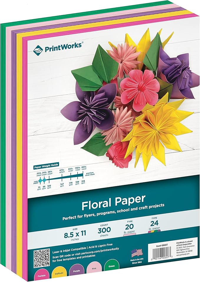PrintWorks Floral Paper 8.5" x 11" - 300 Sheets - 5 Assorted Colors - Ideal for School & Craft Projects - Made in The USA - 20 lb/75 GSM & 24 lb/89 GSM - Printer Compatible Flower Paper (00607)