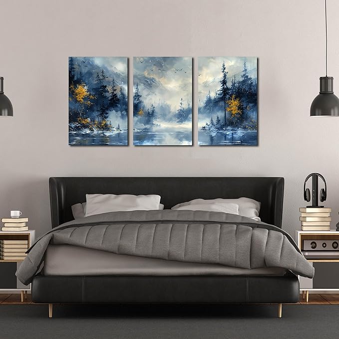 SIXTTART Trees Canvas Wall Art for Living Room - Blue Forest Wall Decor Office - 3 Piece Pictures Wall Art Size 16" x 24"