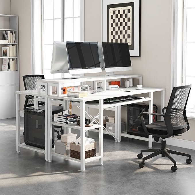 VERMESS 48 Inch Computer Desk, Home Office White With Keyboard Tray, Gaming With Full Monitor Stand, Storage Shelves & CPU Stand, Modern Study Writing Table Studio Work With Shelf