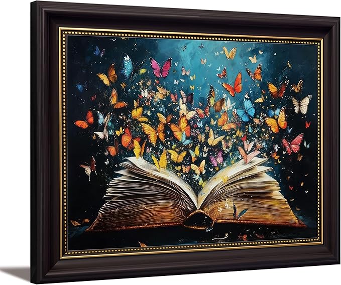 Dark Brown Frame Colorful Butterfly Book Canvas Wall Art Butterfly Emerging From Book Wall Decor Picture Reading Enthusiasts Poster Print for Library Reading Room Modern Reading Home Decoration