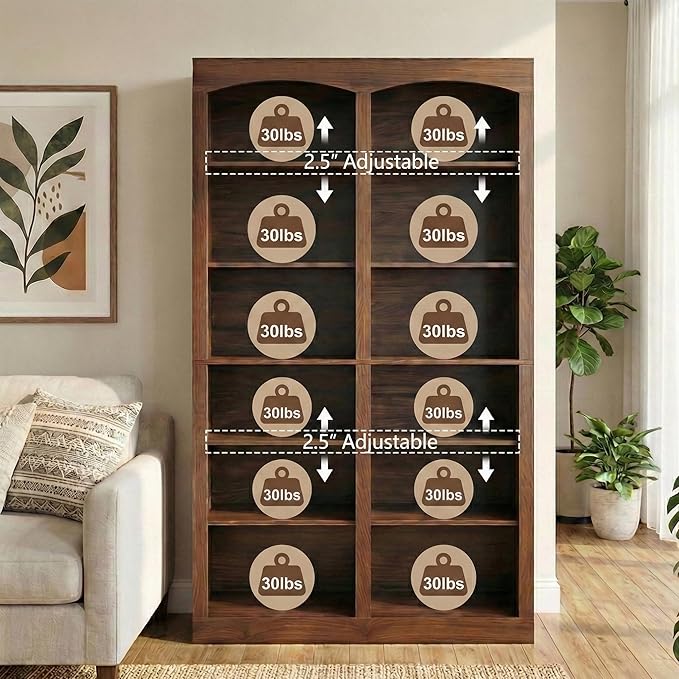 71" Tall Bookcase, Double Wide Rustic Brown Bookshelf with Arched Design, 12-Tier Open Wood Display Shelf Storage Organizer for Living Room, Home Office (41.6" W x 70.8" H)