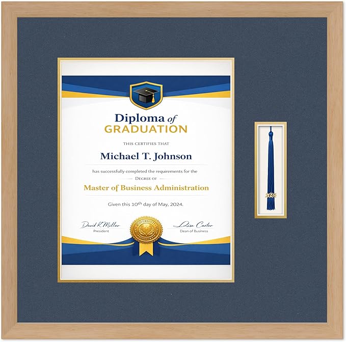 Diploma Frame with Tassel Holder Natural Wood Shadowbox Navy Blue Over Gold Mat - Fits 11 x 14 Degree Made in the USA