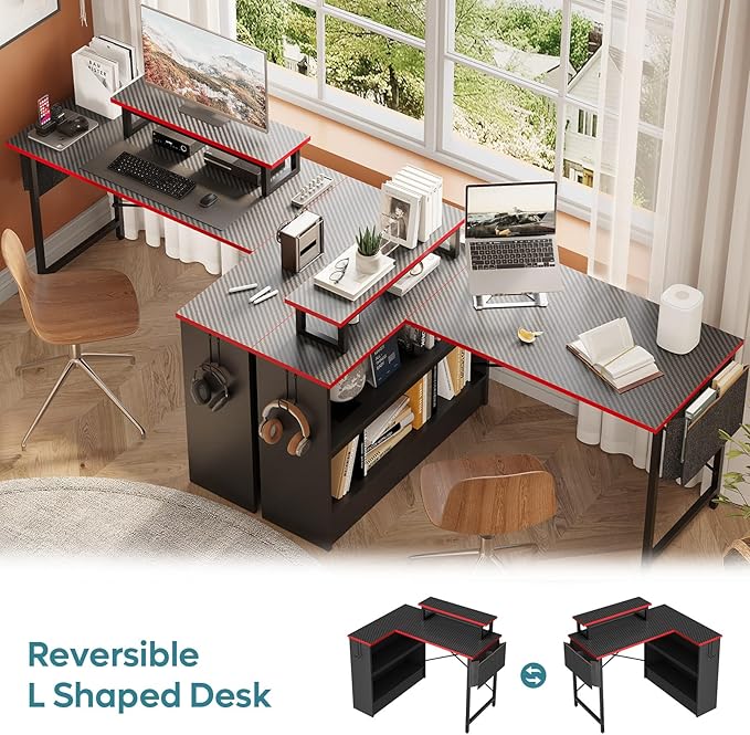 Bestier L Shaped Gaming Desk with Storage Shelves, 42 Inch Reversible Corner Computer Desk with LED Lights, PC Gaming Table with Side Storage Bag & Monitor Stand for Bedroom