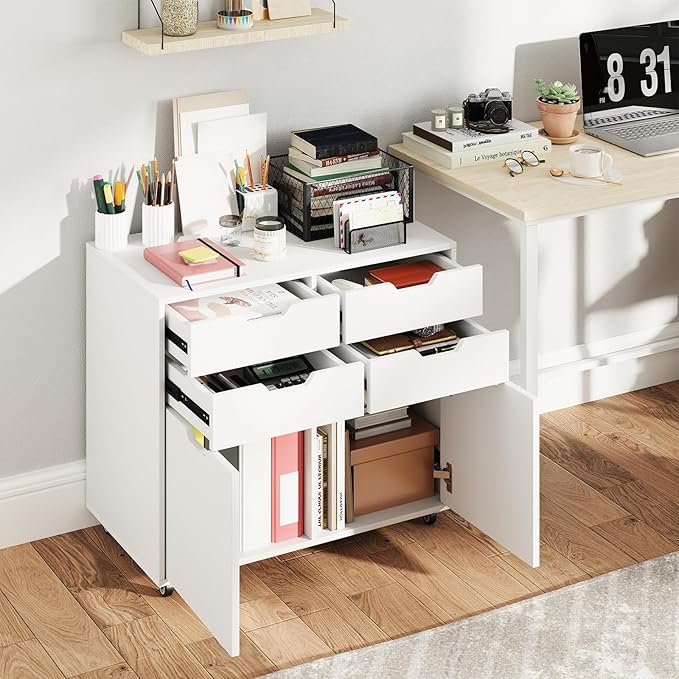 White File Cabinet with 4 Drawers and 2 Doors, Under Desk Mobile Storage Organizer, Wooden Printer Stand on Wheels, 29" Lateral Filing Cabinet for Home Office Living Room