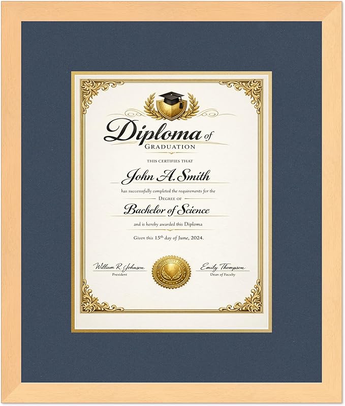 CountryArtHouse Diploma Frame Fits 10 x 13 College Diploma (Portrait Traditional) - Keepsake Graduation Natural Wood Genuine Hardwood with Navy Blue Over Metallic Gold Double mat