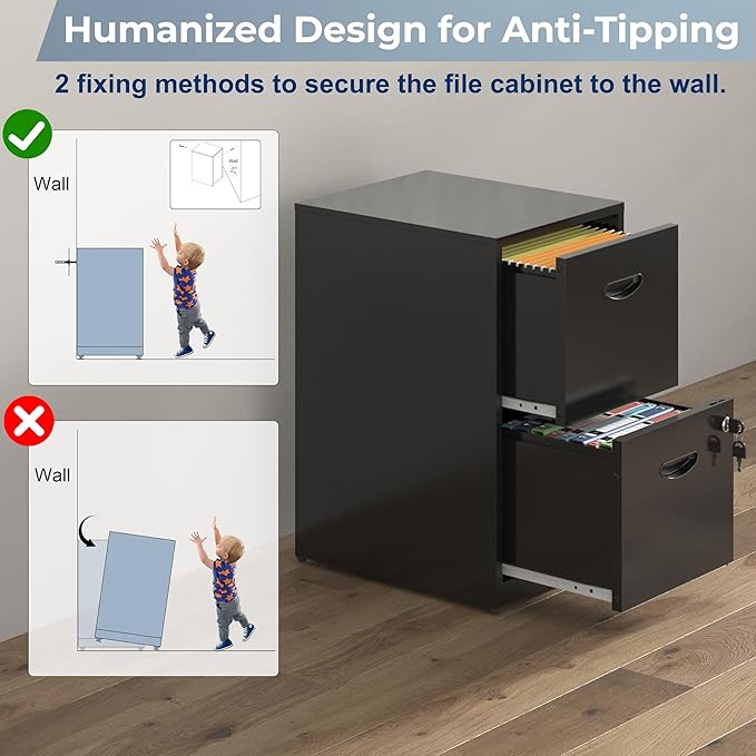 2 Drawer File Cabinet with Lock, Metal File Cabinets for Home Office, Under Desk Storage, Printer Stand, Office File Cabinets for Letters and File Boxes, Assembly Required, Black