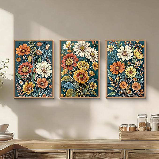 HOURIA Spring Boho Vintage Floral Framed Canvas Wall Art Set,Nordic Retro Colorful Wildflower & Green Leaves Wall Decor,Abstract Vibrant Bouquet Botanical Artwork for Living Room, Bedroom,Farmhouse-24"x36"x3
