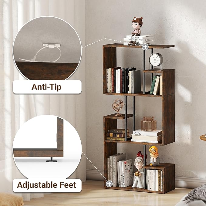 Manora 3 Tier Geometric Bookcase, S Shaped Bookshelf, Modern Bookcase with Tall Display Shelves, Decorative Storage Shelf for Living Room and Bedroom, Dark Brown