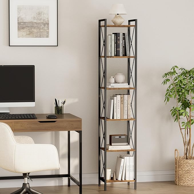 Homhedy 6 Tier Bookshelf, Tall Narrow Bookcase for Small Space, Metal Storage Book Shelf, for Home Office, Living Room, Kitchen, Bedroom, Industrial Style, 10.4" D x 13" W x 67.4" H, Rustic Brown