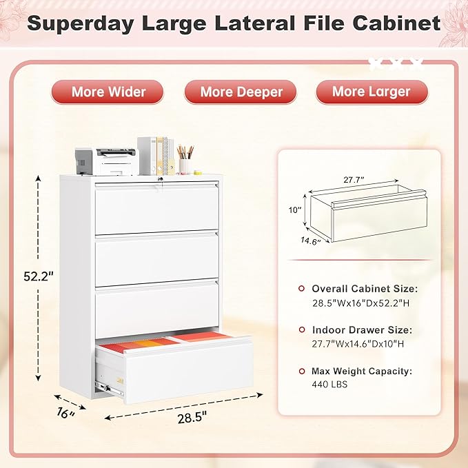 Superday Lateral File Cabinet 4 Drawer Metal File Cabinet with Lock, White Filing Cabinets for Home Office, Locking Filing Cabinets Hanging Files Letter/Legal/F4/A4