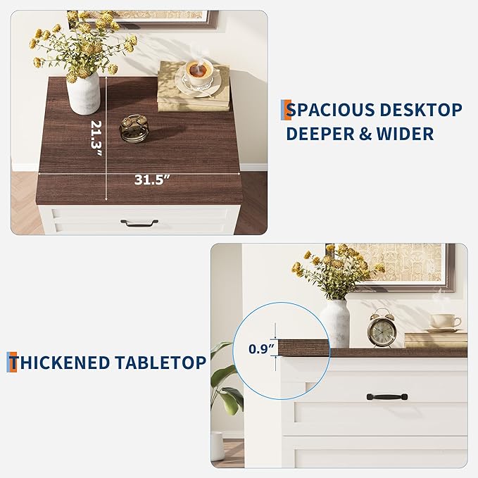 IDEALHOUSE 21.26" D Lateral File Cabinet, Wood Farmhouse Large Filing Storage Cabinet with Drawers & Hanging for Legal/Letter/A4 Size File, Thick & Sturdy Frame for Home Office, Rustic Brown & White
