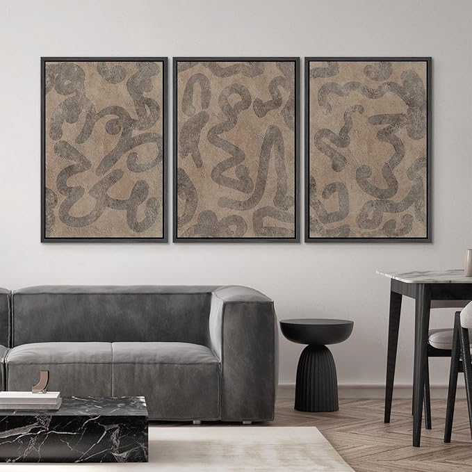 SIGNWIN Framed Canvas Print Wall Art Set Rustic Abstract Earth Tone Curved Line Design Illustrations Modern Art Decorative Abstract for Living Room, Bedroom, Office - 16"x24"x3 Black