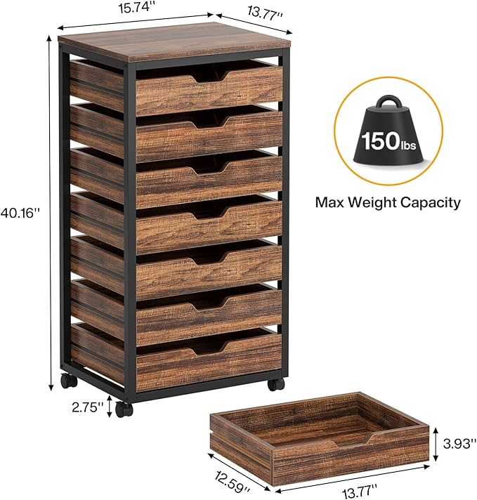 Tribesigns 7-Drawer File Cabinet, Wood Mobile Storage Drawer Unit, Industrial Office Cabinet with Drawers & Wheels, Rolling Printer Stand for Home Office (Rustic Brown)