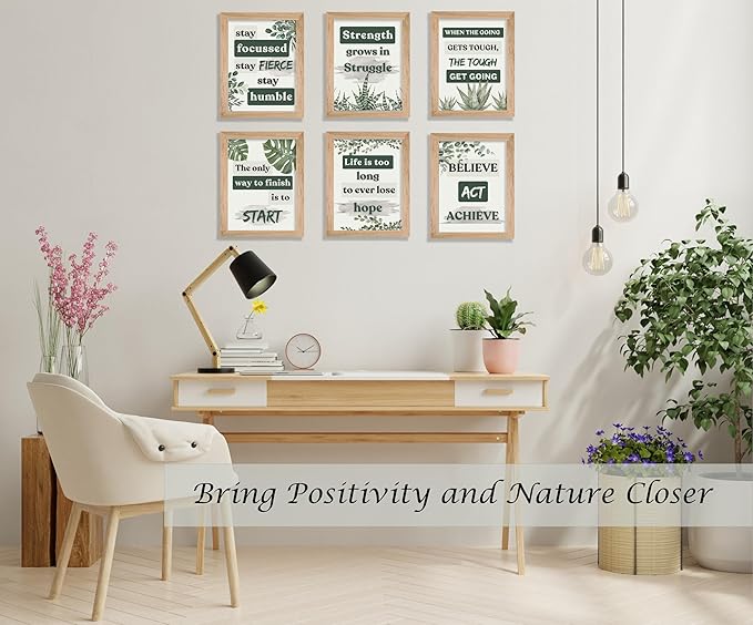 Induslyfe Framed Motivational Wall Art for Living room Bedroom Office Canvas Wall Art pictures for Classroom,Affirmations Inspirational Decor Olive Eucalyptus,Positive Quotes for Office Set of 6, 9x12