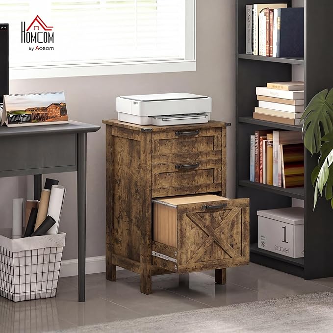 HOMCOM 3 Drawer File Cabinet with Silent Slides, Vertical Filing Cabinet for Hanging A4/Letter Size, Rustic Farmhouse Printer Stand with Storage for Home Office, Rustic Brown