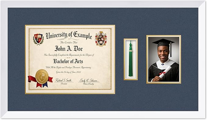 CountryArtHouse Diploma Tassel and Photo Shadowbox Fits 13 x 10 College Diploma (Traditional) with Tas Bright White Genuine Hardwood with Navy Blue Over Metallic Gold Double mat