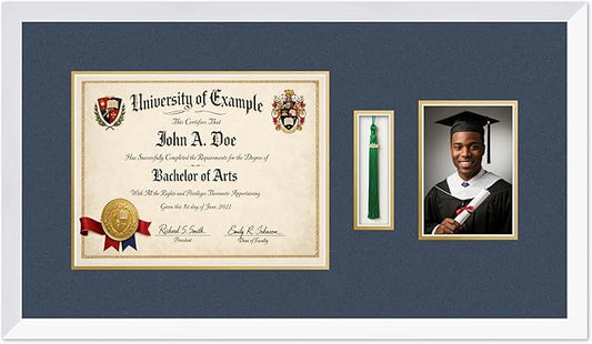 CountryArtHouse Diploma Tassel and Photo Shadowbox Fits 13 x 10 College Diploma (Traditional) with Tas Bright White Genuine Hardwood with Navy Blue Over Metallic Gold Double mat