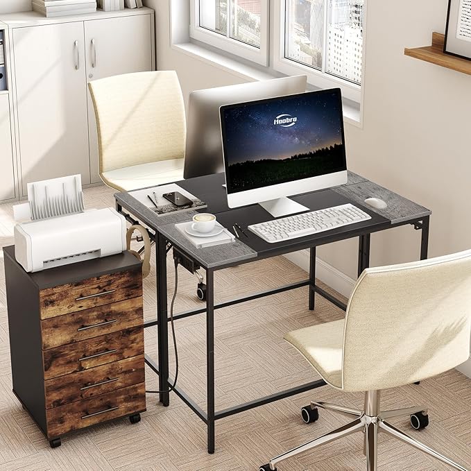 HOOBRO Computer Desk, Home Office Desk with Power Outlet, Modern Study Writing Desk with 3 Hooks for Study Room, Home Office, Sturdy and Stable, Easy to Assemble, Charcoal Gray and Black BC41UDN01