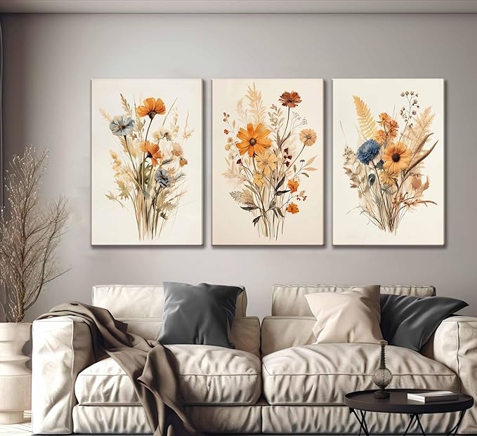 3Pcs Vintage Wildflower Canvas Wall art Country Farmhouse Watercolor Flower Botanical Painting Pictures Wall Decor Floral Poster Print Artwork for Bedroom Living Room Girls Room Decoration
