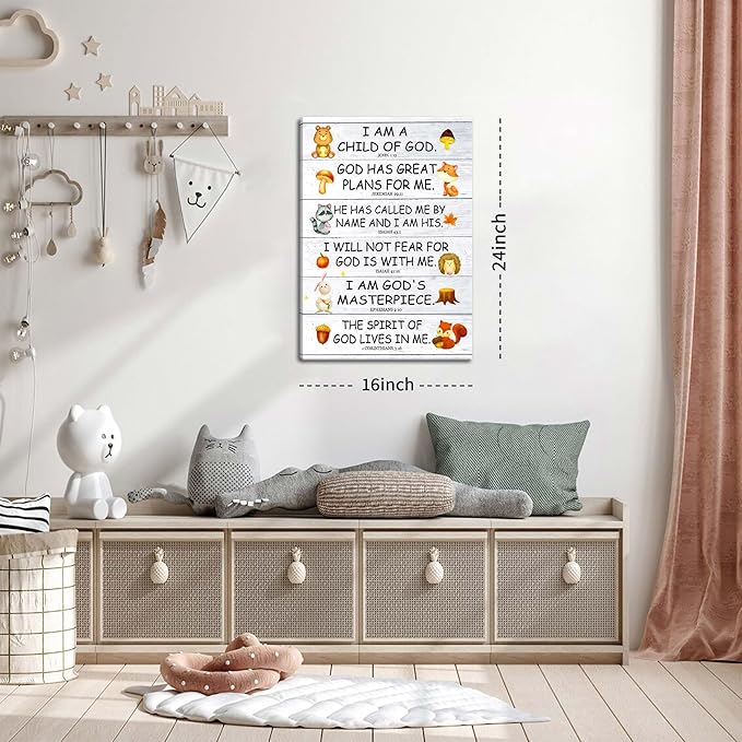Scripture Canvas Wall Art for Kids Room – Christian I Am a Child of God Bible Verse Wall Decor, Framed Religious Picture Art Prints for Nursery, Classroom, Bedroom 16x24in