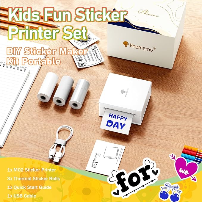 Phomemo Sticker Printer- Mini Thermal Sticker Printer Machine, Small Pocket Label Maker Instant Print for DIY Creation, Study Notes, Photos, Portable Inkless Photo Maker for Kids/Students, White