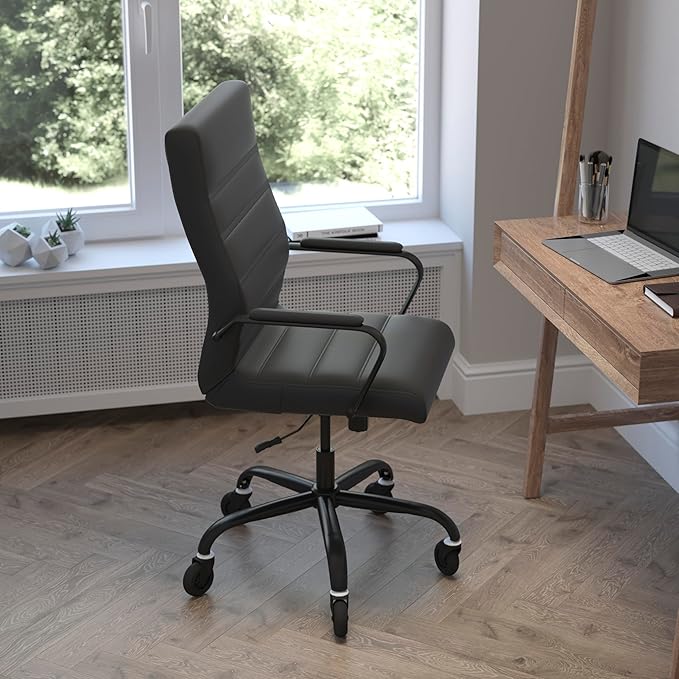 Flash Furniture Whitney High Back Black LeatherSoft Executive Swivel Office Chair with Black Frame, Arms, and Transparent Roller Wheels