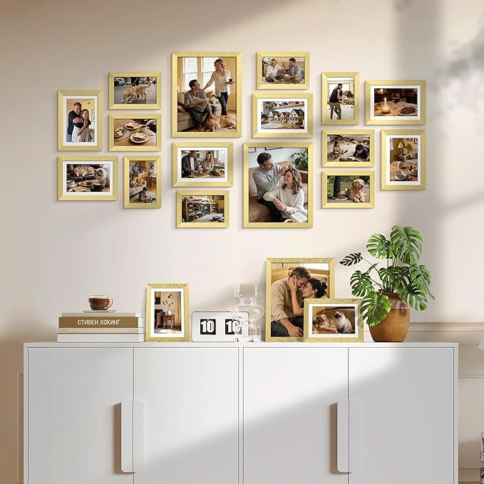 upsimples 19 Pack Picture Frames Collage Wall Decor for Mounting or Tabletop Display, Photo Gallery Frame Set for Family, Multi Sizes Including 8x10, 5x7, 4x6, Gold