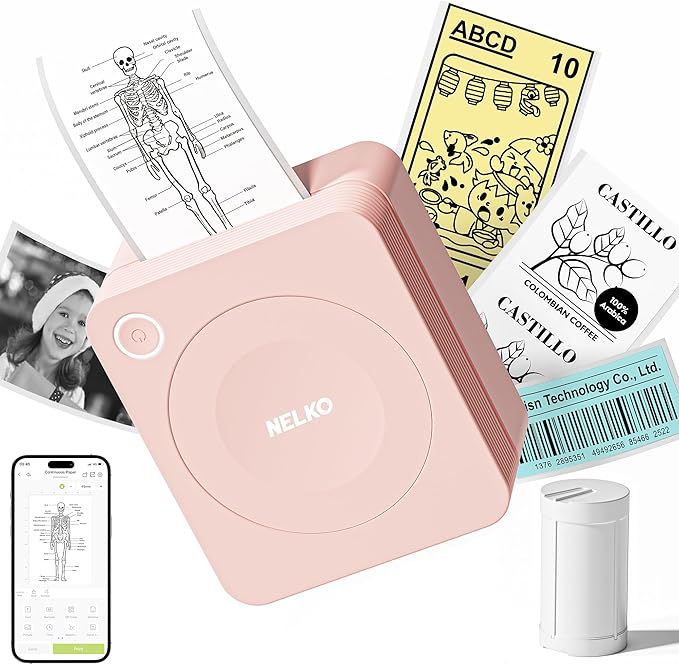 Nelko Sticker Printer, PM230 Print Pod Mini Bluetooth Portabel Sticker Maker with 1 Rolls Paper, Print Pods with Multiple Templates for Phone & Tablet, Smart AI APP Family, Pink