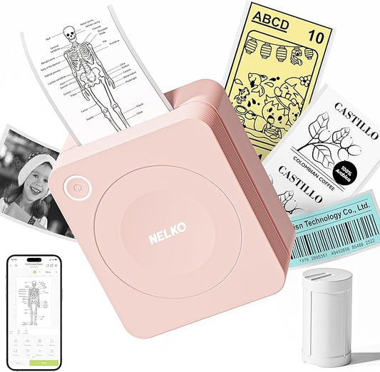 Nelko Sticker Printer, PM230 Print Pod Mini Bluetooth Portabel Sticker Maker with 1 Rolls Paper, Print Pods with Multiple Templates for Phone & Tablet, Smart AI APP Family, Pink