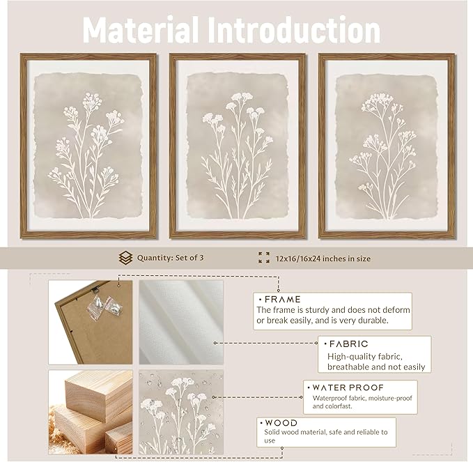 Framed Boho Botanical Flower Wall Art Set of 3, Vintage Minimalist Neutral Floral Wall Decor Paintings, Rustic Farmhouse Wildflower Artwork Prints Picture for Living Room Bedroom Bathroom 16x24 Inch