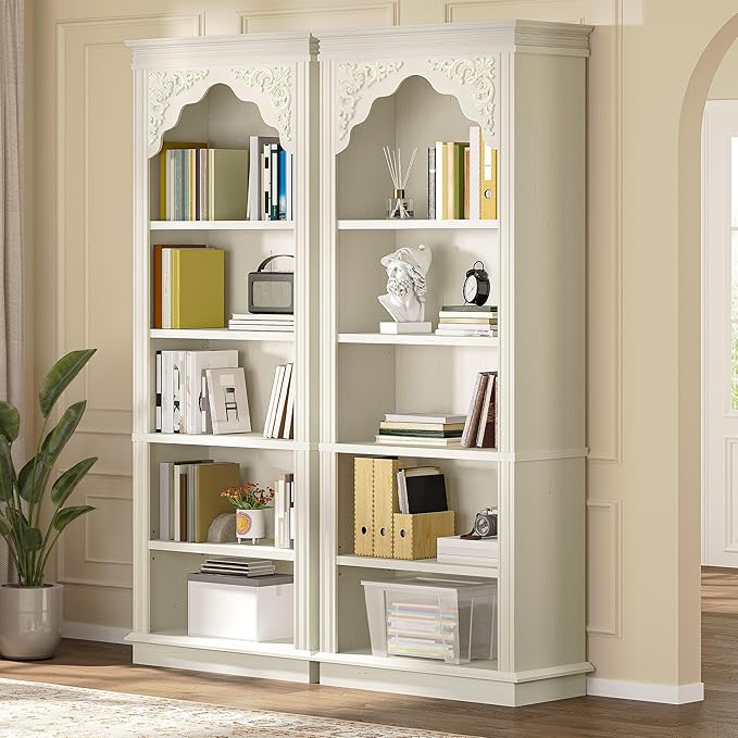 YITAHOME Vintage 72.4" Tall Bookshelf, 5-Tier Arched Bookcase with Storage, Roman Columns and Classical Carved Design, Open Display Rack with Adjustable Shelves for Living Room and Home Office, White