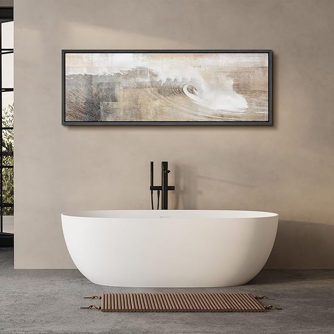 SIGNFORD Large Framed Canvas Neutral Ocean Wave Abstract Illustrations Modern Art Calm Warm for Living Room, Bedroom, Office - 60"x20"