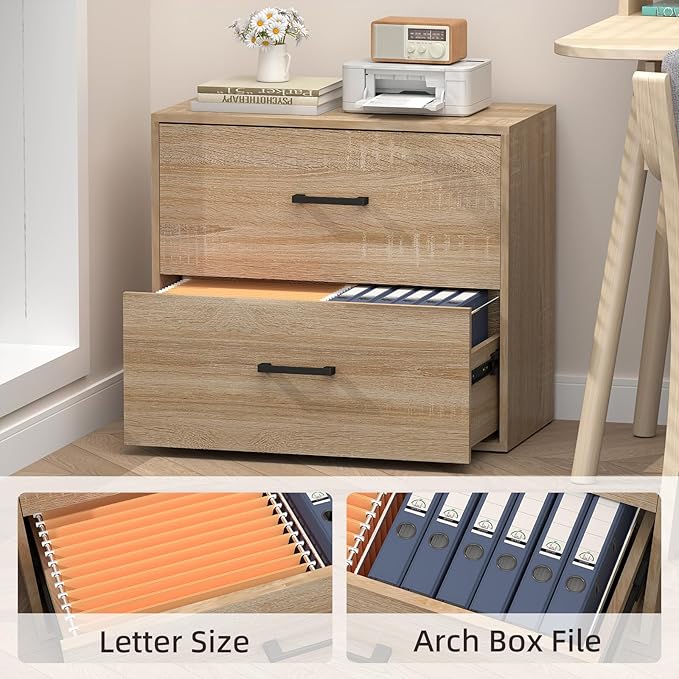 2 Drawer Lateral File Cabinets, Wooden File Cabinets for Home Office, Large Office Filing Cabinet with Drawer, Printer Stand for Hanging Files/Letter/Legal Size, Oak